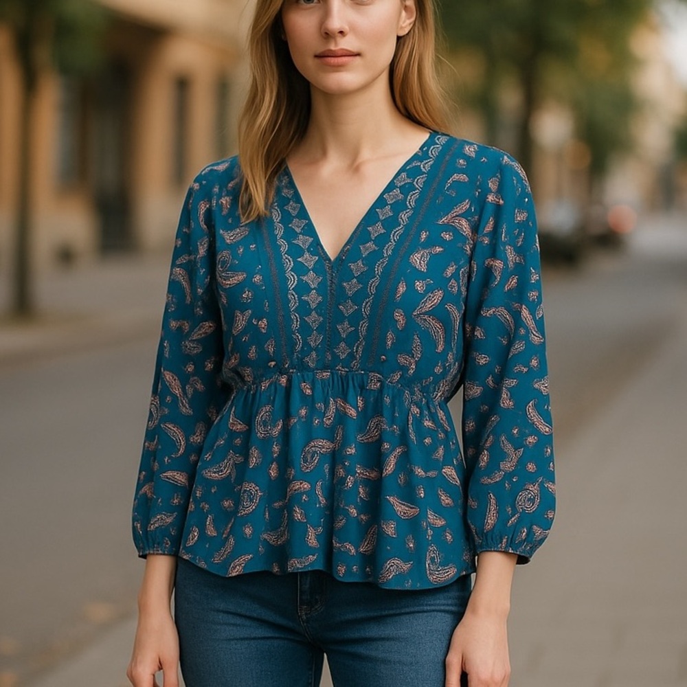 Style & Co Womens Blue Long Sleeve Paisley Print Peasant Oversized Blouse Small‎